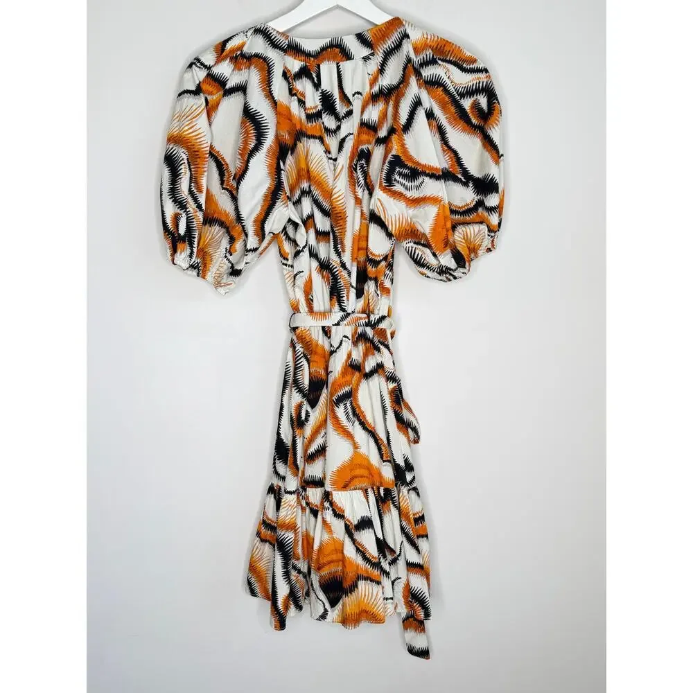 Willa Story Rachel Puff Sleeve V-Neck Babydoll Mini Dress Orange Black Womens XS - Picture 9 of 9